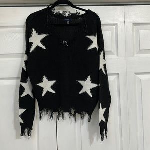 Distressed Black and White Star V-Neck Sweater